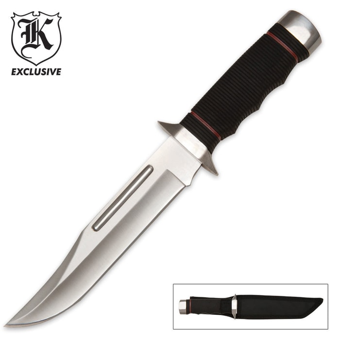 Battlefield Fighter Bowie Knife and Nylon Sheath - Stainless Steel Blade, Over-Molded Handle - Length 10 3/4"
