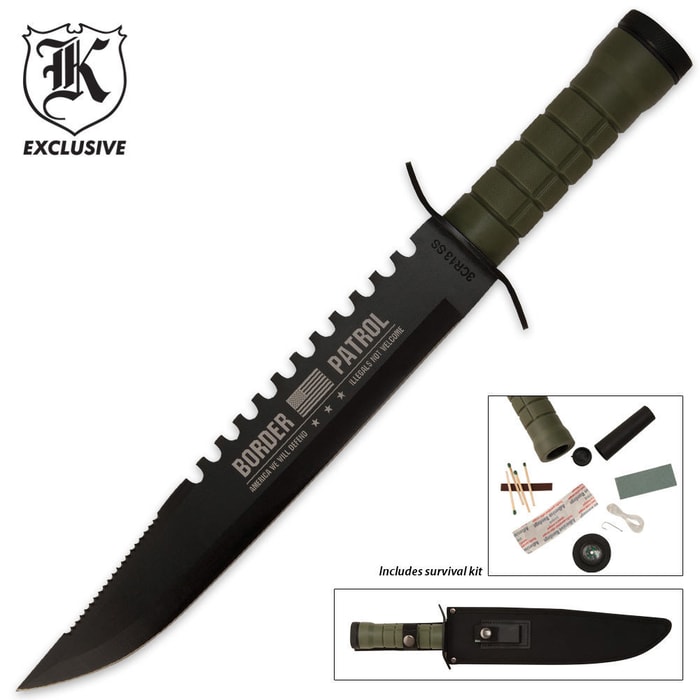 Border Patrol Survival Knife has a sawback stainless steel blade, nylon sheath, and a hidden survival kit inside the handle.