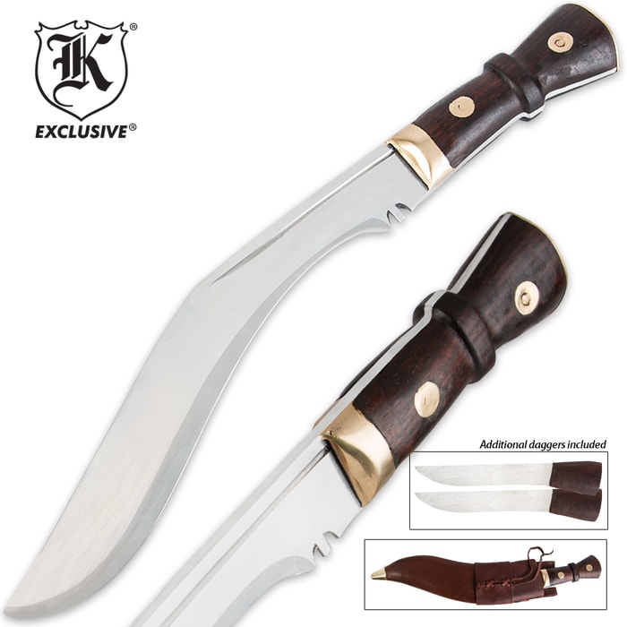 Regimental Kukri Fixed Blade Knife has a 12 3/4” kukri blade and a hardwood handle accented with brass fittings and additional daggers.