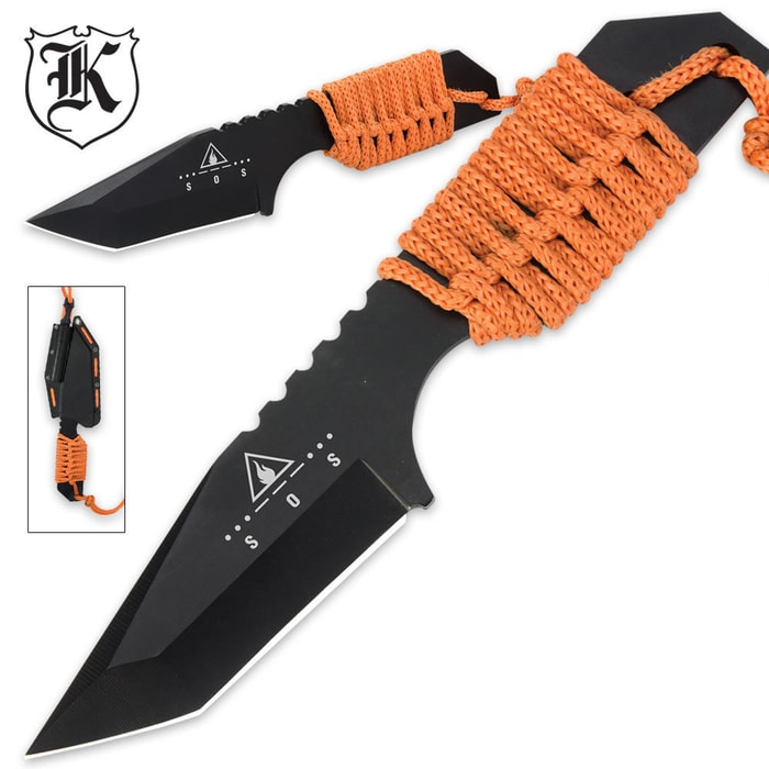 Survival Fixed Blade Tanto Neck Knife With Fire Starter & Sheath