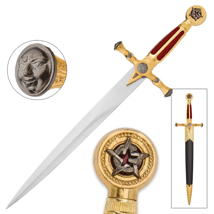 Masonic "Star of Destiny" Medieval Dagger with Scabbard - Red