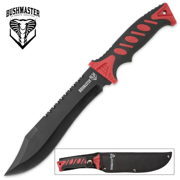 Bushmaster Survival Bowie Knife with Nylon Sheath - Red Handle Accents