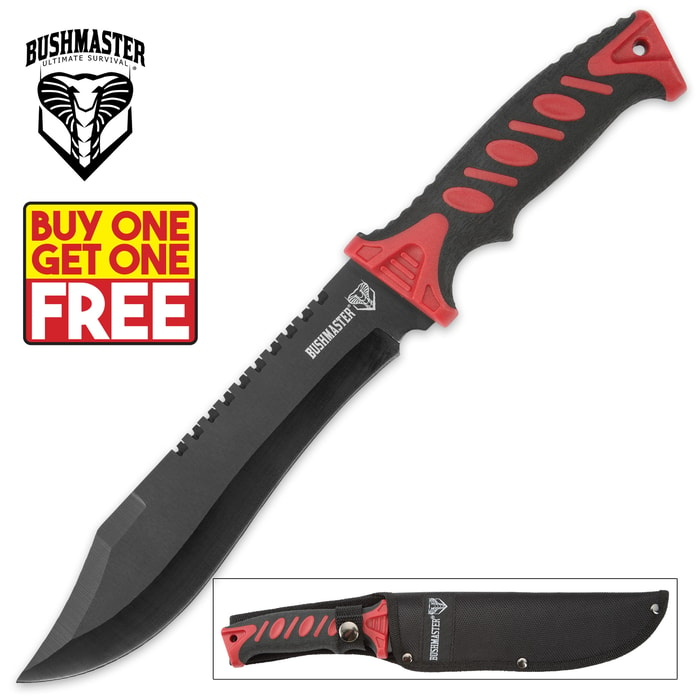 Bushmaster Survival Bowie Knife with Nylon Sheath - Red Handle Accents - BOGO