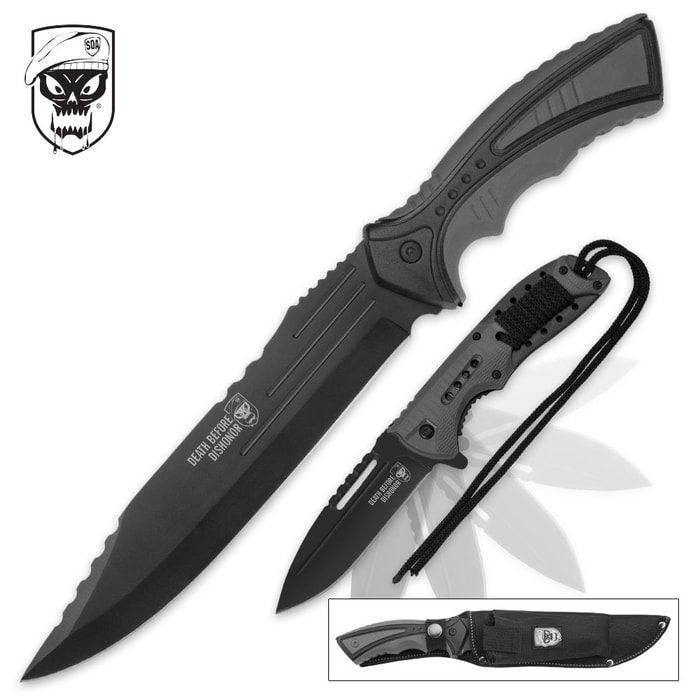 SOA Warhounds 2-Piece Knife Set with Nylon Sheath - Assisted Opening Pocket Knife And Fixed Blade