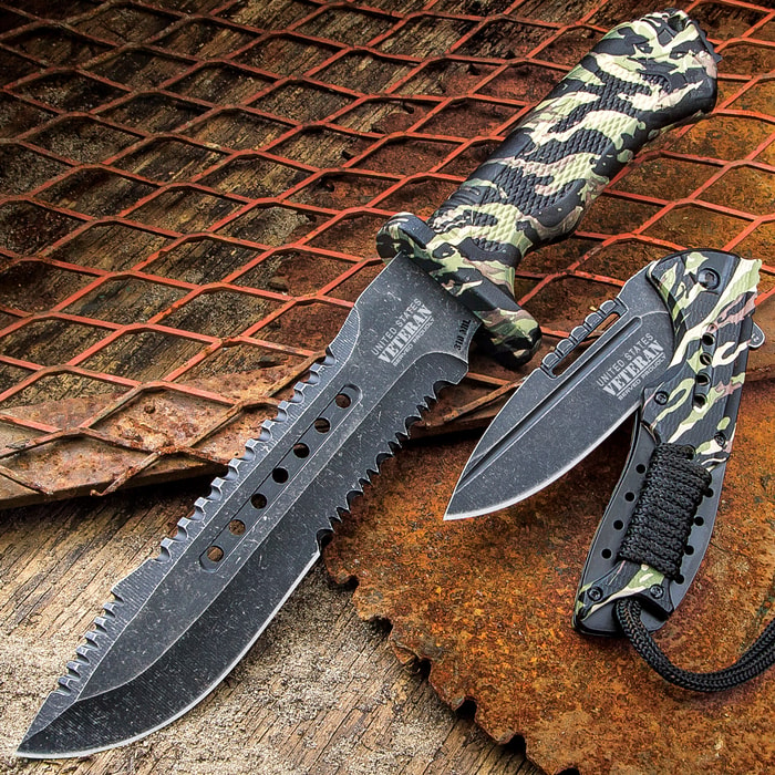 SOA Veteran Tribute 2-Piece Knife Set - Bowie Fixed Blade, Assisted Opening Folder Pocket Knife - 3Cr13 Stainless Steel - Vintage Jungle Camo - Glass Breaker - Serrations - Proudly Served Laser Etched