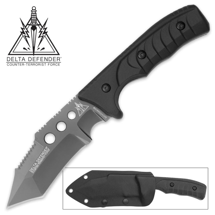 Delta Defender Oblivion Fixed Blade Knife with Kydex Sheath - Tactical Tanto with Titanium Finish
