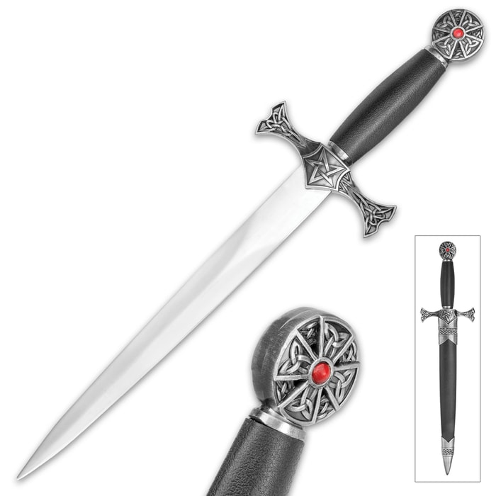 Celtic Cross With Jewel Crusader Dagger And Sheath -  Stainless Steel Blade, Metal Guard And Pommel, Faux Ruby - Historically Inspired - Length 14 1/2"