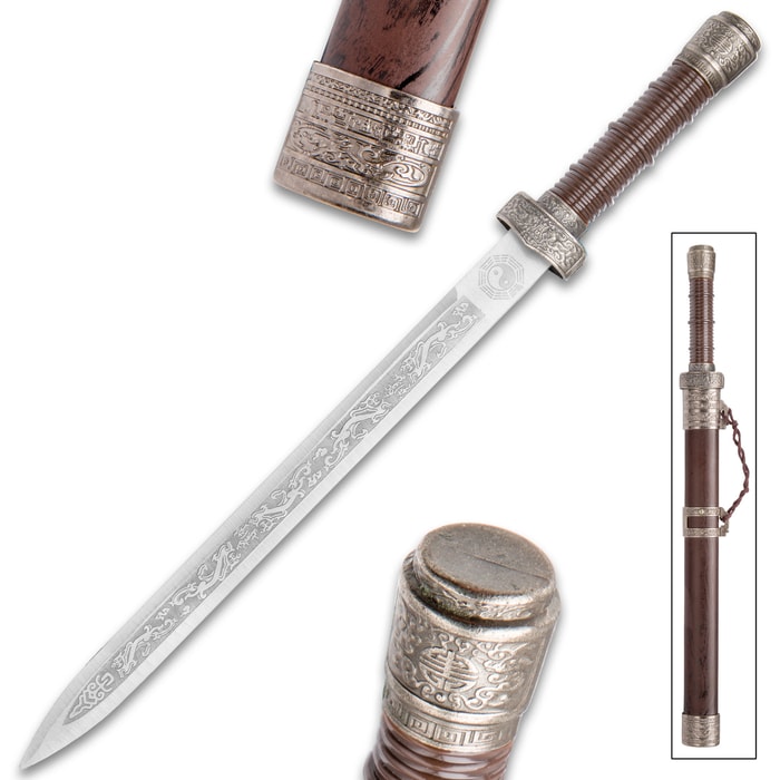 Chinese Luck Dagger And Faux Wooden Scabbard - Stainless Steel Blade, ABS Handle, Metal Alloy Fittings - Length 14 1/2”