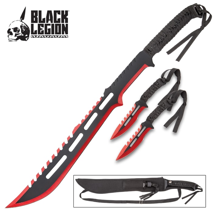 Black Legion Red Reign Short Sword And Throwing Knife Set With Sheath - One-Piece Stainless Steel Construction, Cord-Wrapped Handles