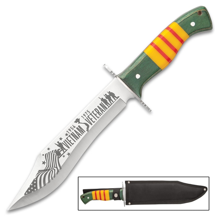 engraved vietnam veteran bowie knife with sheath