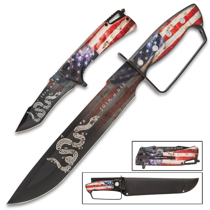 Pocket knife and bowie knife set displaying American flag imagery on both the handle and the blade as well as "join, or die" and a historic political drawing.
