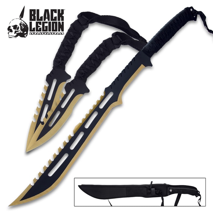 This short sword and throwing knife set is a toothy combination that will strike fear into your enemies at one glance