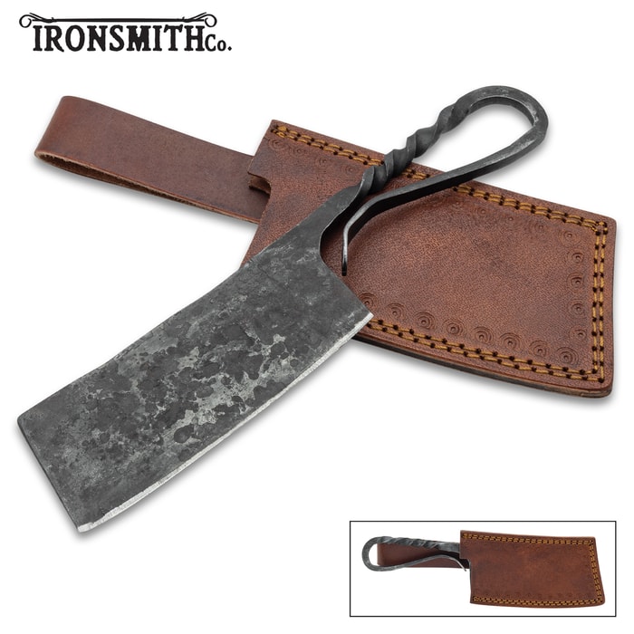 A view of the Ironsmith Co. Forged Cleaver in and out of its sheath