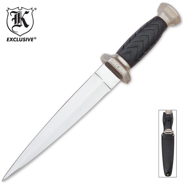 K Exclusive Sgian Dubh Dagger has a full tang stainless steel blade, black injection molded handle, and custom sheath.