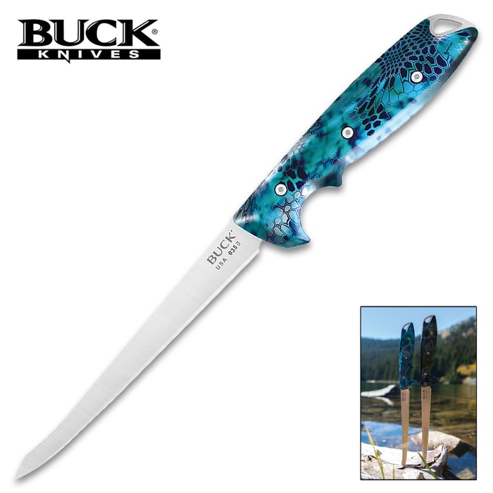 Buck Abyss Fillet Knife, Pontus Kryptek Camo - 420HC Steel - Full Tang - Lanyard Hole - Leather Sheath - Angler Fishing Outdoors Adventurer