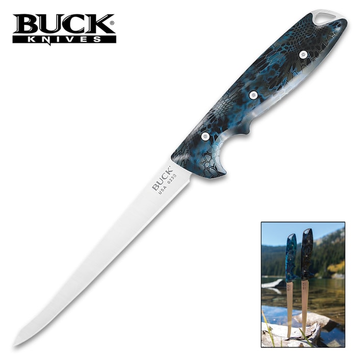 Buck Abyss Fillet Knife, Neptune Kryptek Camo - 420HC Steel - Full Tang - Lanyard Hole - Leather Sheath - Angler Fishing Outdoors Adventurer