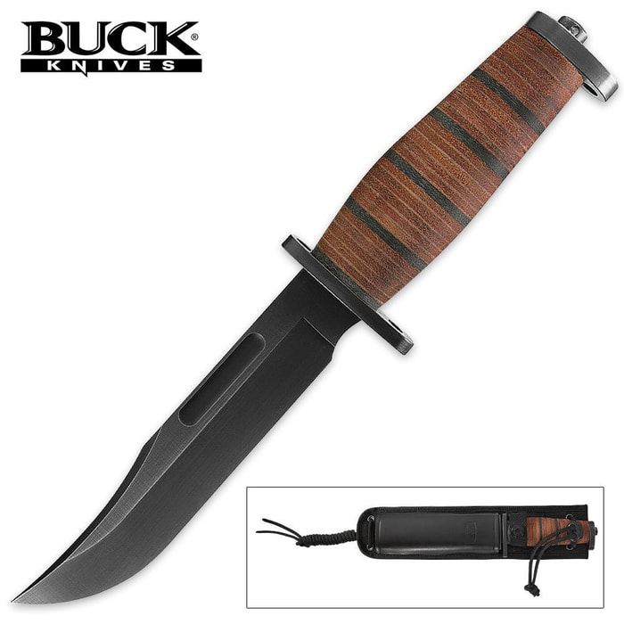 Buck Brahma Fixed Blade Combat Knife Stacked Leather Handle
