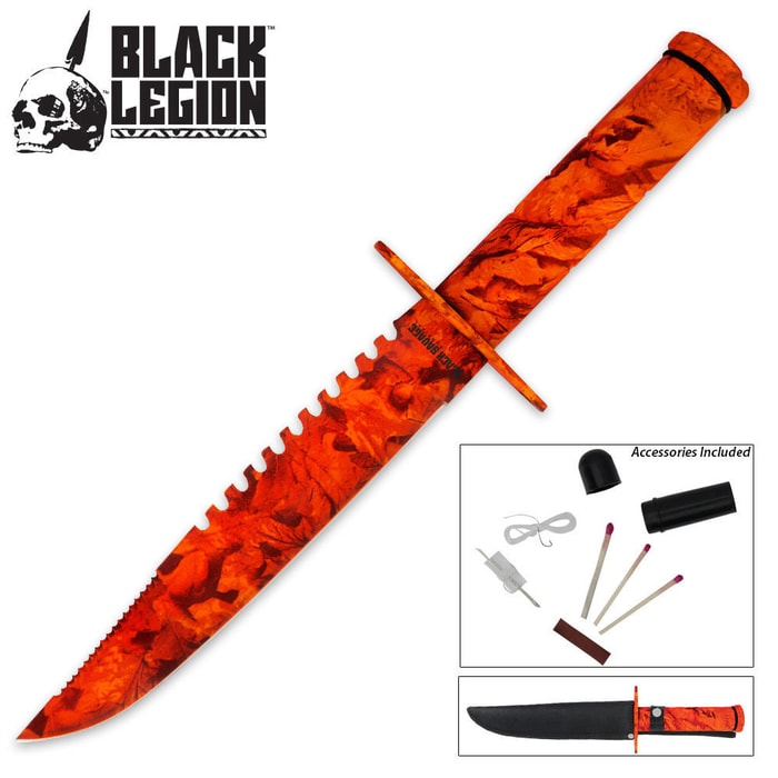 Black Legion Orange Camo Survival Knife & Sheath