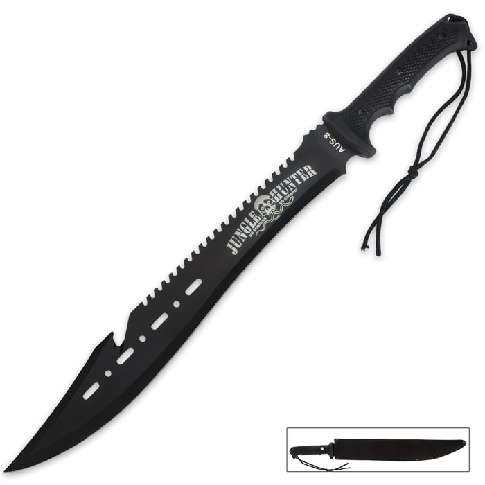 Black Legion Jungle Hunter Machete has a black stainless steel blade with cutout designs and sawback blade spine and a rubberized ABS grip.