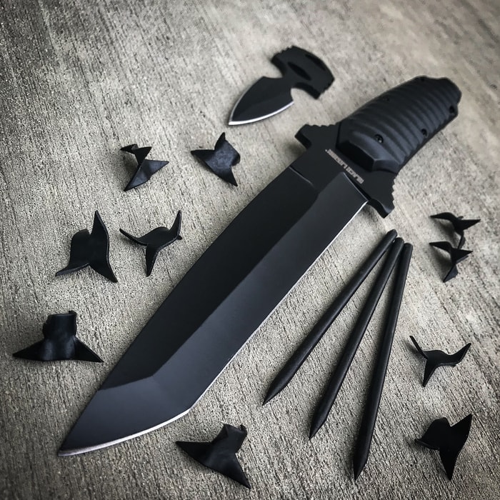 Black Legion Ninja "Bag of Tricks" - Knife, Push Dagger, Spikes, Caltrops in Nylon Sheath