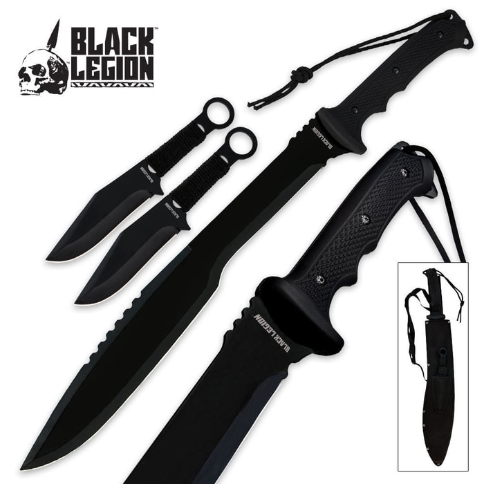 Black Legion Ninja Machete & Throwing Knife Set With Sheath