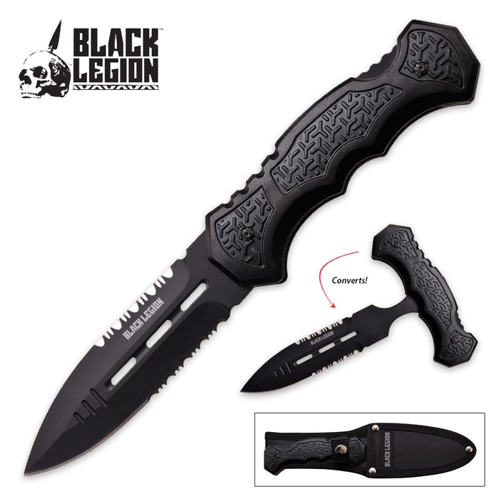 Black Legion Convertible Dagger | Fixed Blade and Push Dagger in One | Two-Position Lock Handle