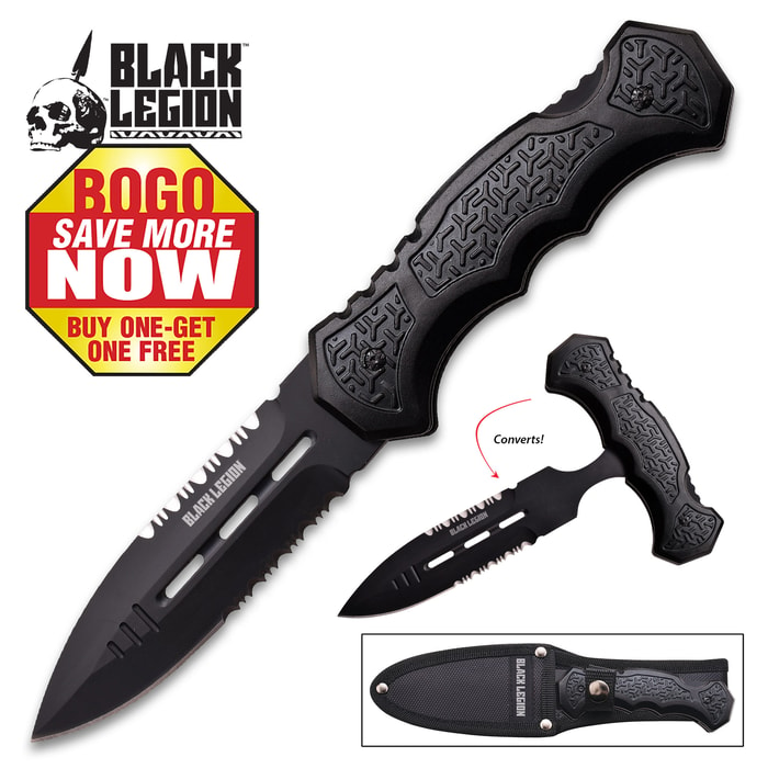 Black Legion Convertible Dagger | Fixed Blade and Push Dagger in One | Two-Position Lock Handle - BOGO