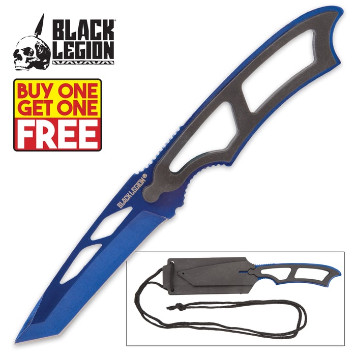 Black Legion Metallic Blue Tactical Neck Knife with Molded Sheath - BOGO