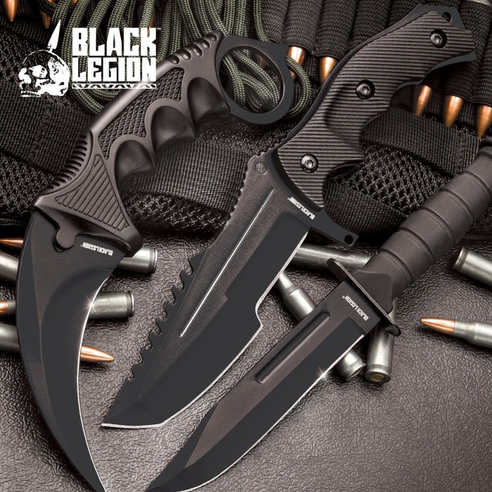 Black Legion Ninja Bag of Tricks - Knife, Push Dagger, Spikes, Caltrops  in Nylon Sheath