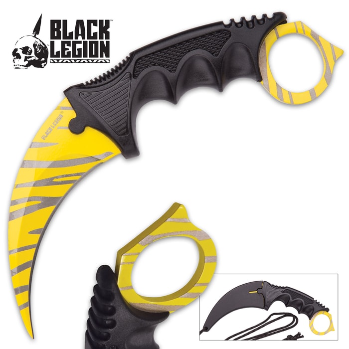 Black Legion Yellow Tiger Stripe Karambit With Heavy-Duty Sheath And Lanyard - Textured Handle - 7 1/2” Length