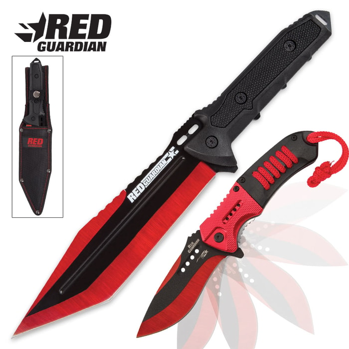 Black Legion Red Guardian Tanto Fixed Blade and Assisted Opening Pocket Knife Set - Metallic Red