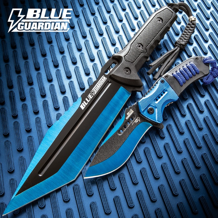 Black Legion Blue Guardian Tanto Fixed Blade and Assisted Opening Pocket Knife Set - Metallic Blue