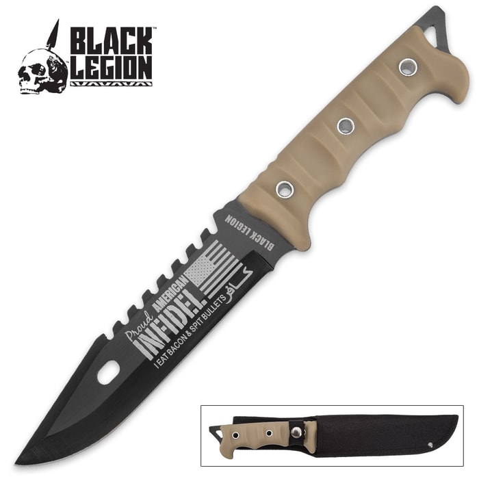 Black Legion "Proud American Infidel" Fixed Blade Knife with Nylon Sheath - Tan Handle