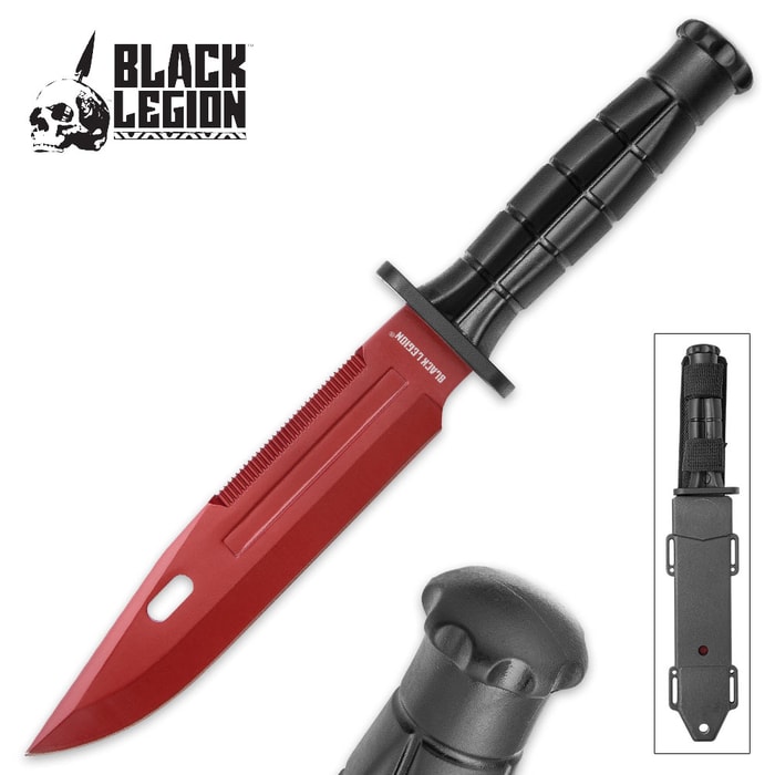 Black Legion Scarlet Fever Bowie Knife with Rigid Tactical Belt Sheath - Metallic Red Blade
