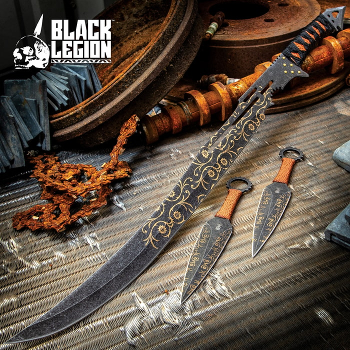 Black Legion Darkshade Steampunk Sword And Throwing Knives Set With Shoulder Sheath