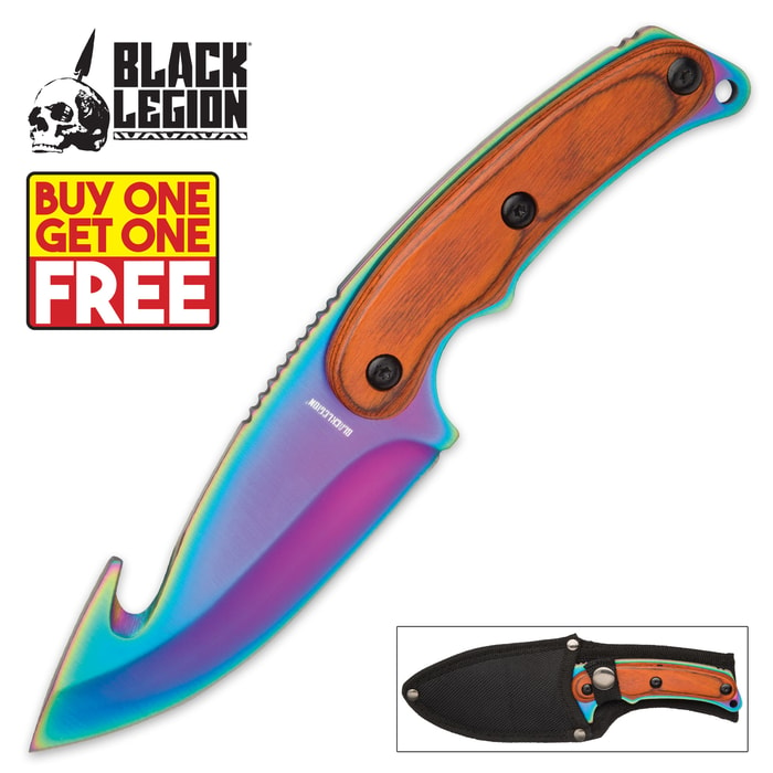 Black Legion Gut Knife with Nylon Belt Sheath | Iridescent Rainbow Titanium Finish 