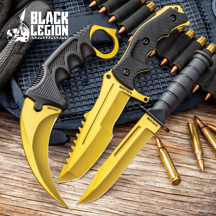 Black Legion Solar Gold Triple Knife Set - Karambit, Hunter Knife, Survival Knife, Stainless Steel Blades, TPU Handles, Nylon Sheaths