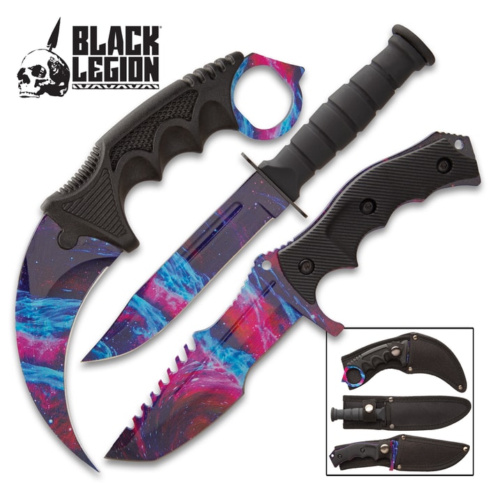 Black Legion Cosmic Triple Knife Set - Karambit, Hunter Knife, Survival Knife, Stainless Steel Blades, TPU Handles, Nylon Sheaths