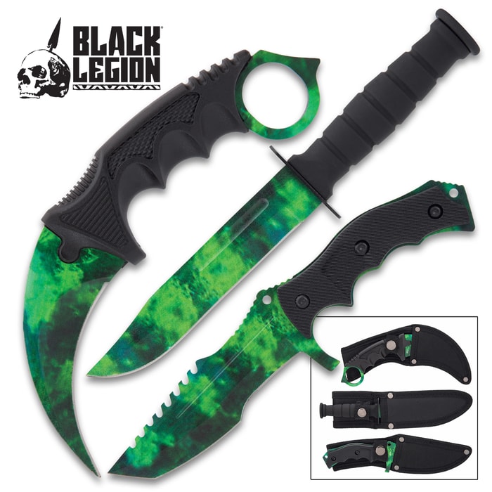 This knife set gives you a dynamic threesome of fixed blade knives, which includes a karambit, hunter knife and a survival knife