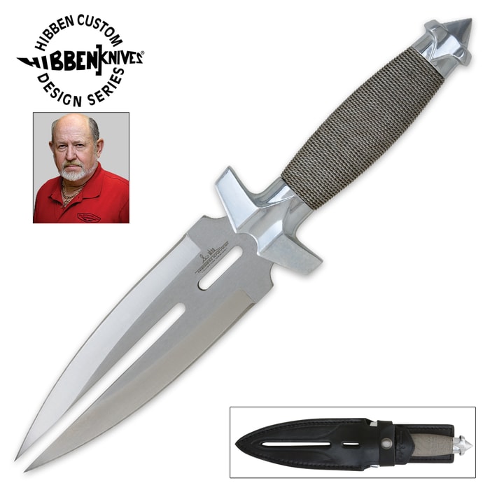 Gil Hibben Double Shadow Knife shown with 420 stainless steel blade split into two sections, wire-wrapped hilt, and black leather sheath.