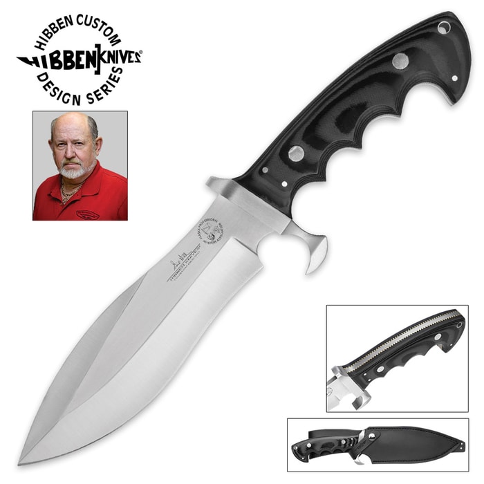 Gil Hibben Alaskan Survival Knife has a stainless steel blade, Black Micarta handle, and black sheath shown next to Gil Hibben’s head shot.