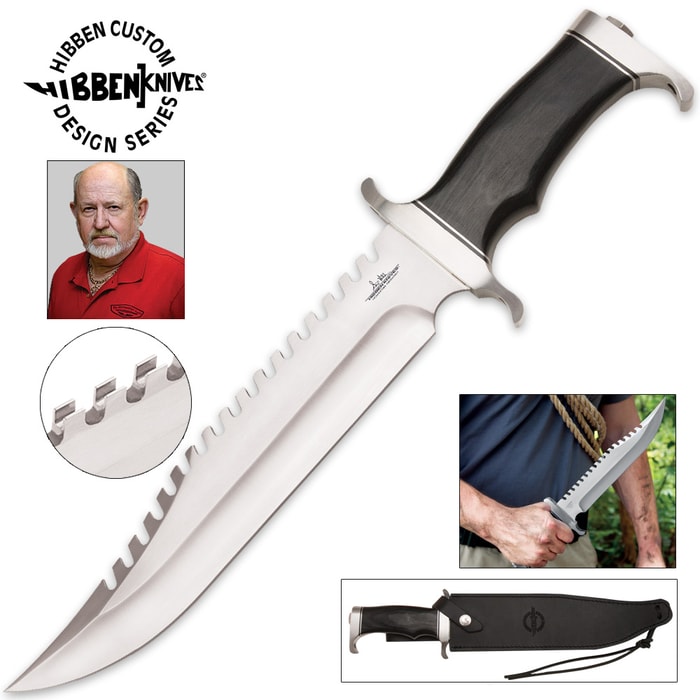 Gil Hibben Extreme Survival Survivor Bowie Knife has a 7Cr17 stainless steel blade with sawback teeth, pakkawood handle, and leather belt sheath.