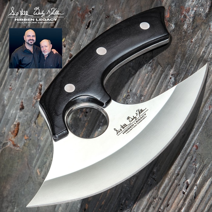Hibben Legacy Ulu Knife And Leather Sheath - 5Cr15 Stainless Steel Blade, Pakkawood Handle Scales, Stainless Steel Pins - Length 7 5/8