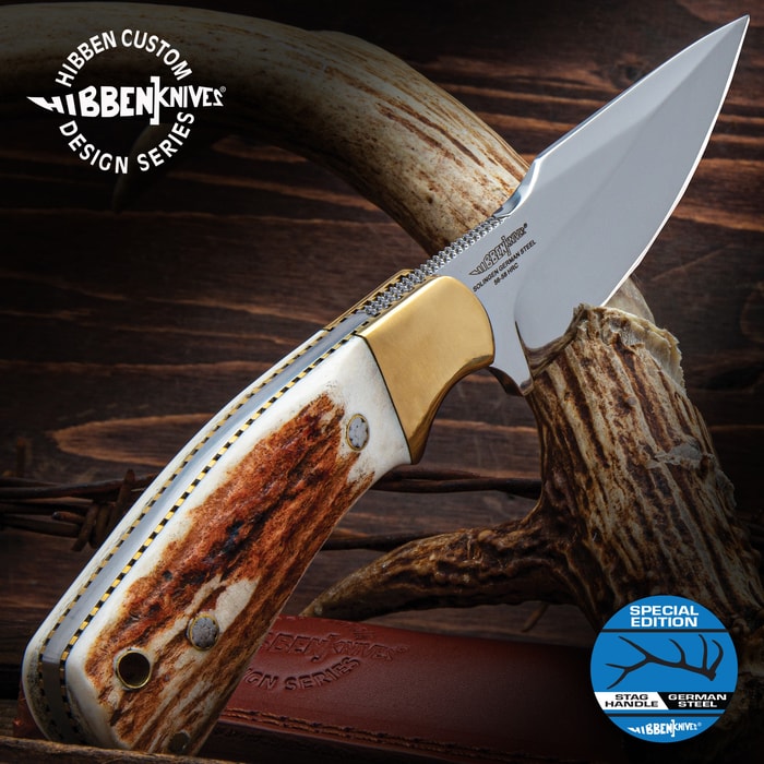 The Gil Hibben Diamondback Stag Knife shown with sheath