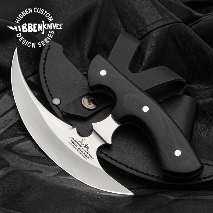 The Gil Hibben and Paul Ehlers Sickle Ulu shown with its sheath