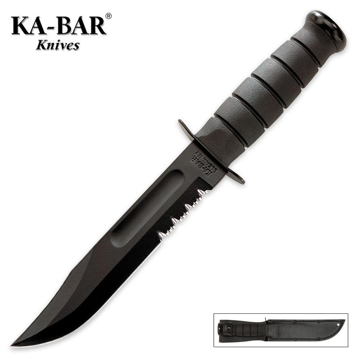 KA-BAR Serrated Knife with Black Leather Sheath