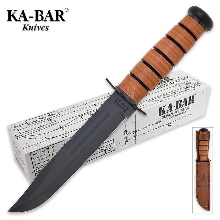 KA-BAR USMC Tactical Bowie Knife has a gun blue blade with blood groove, polished leather handle, and steel hammer butt cap.
