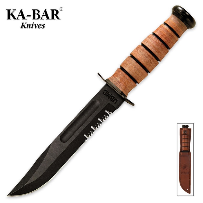 KA-BAR USMC Part Serrated Knife with Leather Sheath