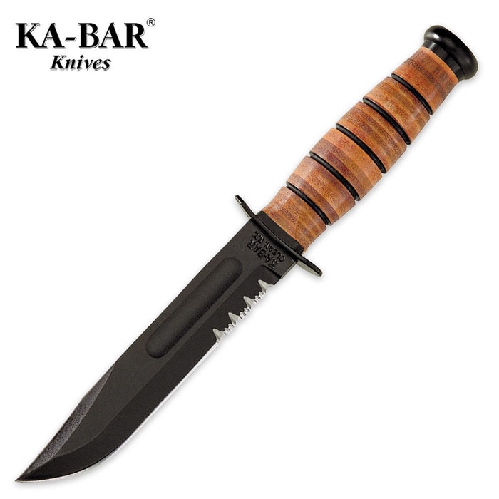 KA-BAR USMC Short Serrated Knife with Leather Sheath