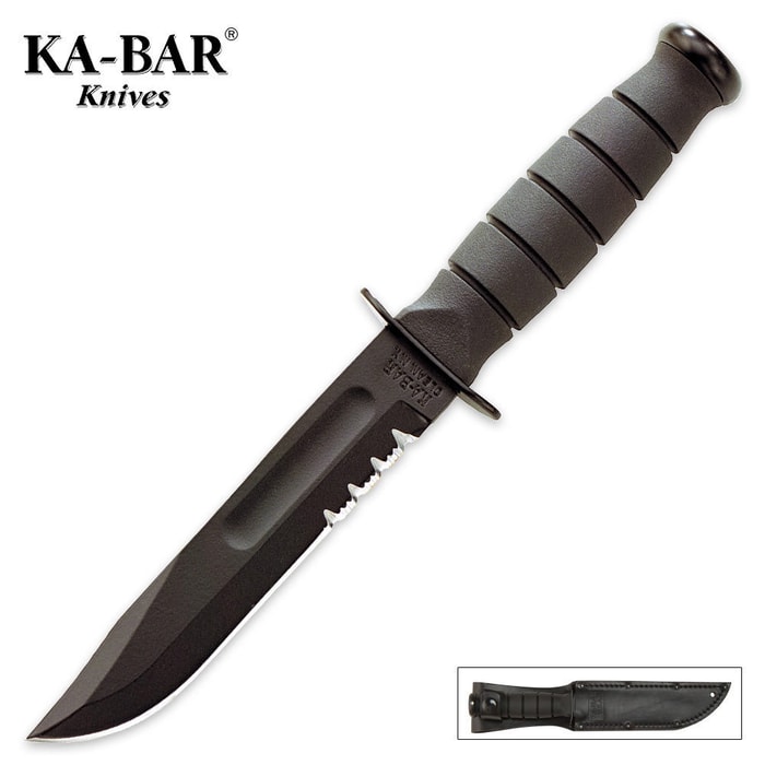 KA-BAR Short Black Serrated Knife with Leather Sheath